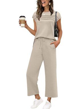 Women's Beige 2 Piece Set Outfit Summer Lounge Sets Travel Airport Matching Set